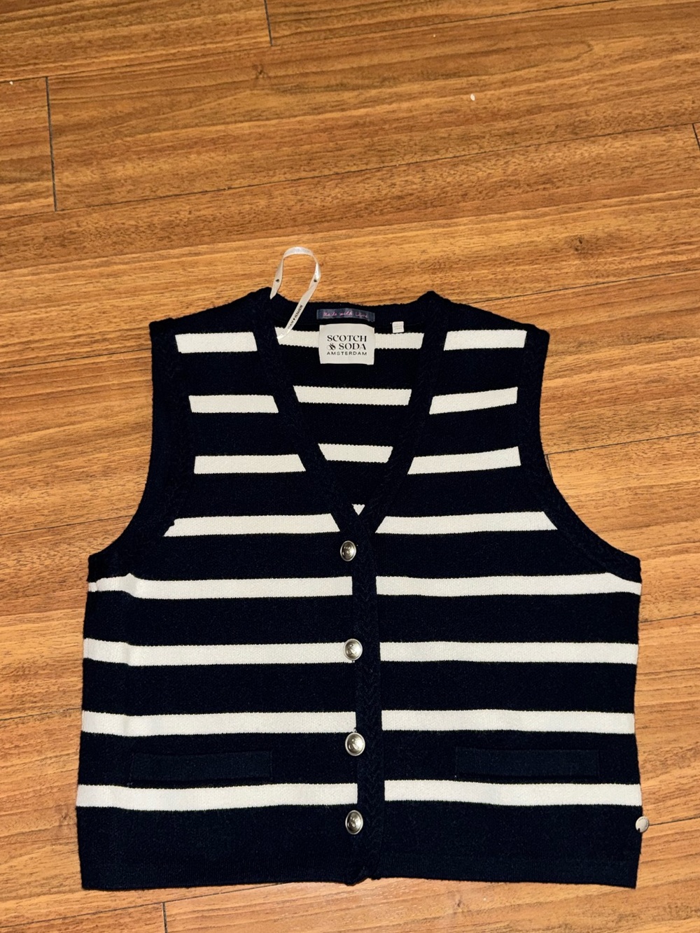 Scotch & Soda Black and White Striped Knit Button Vest